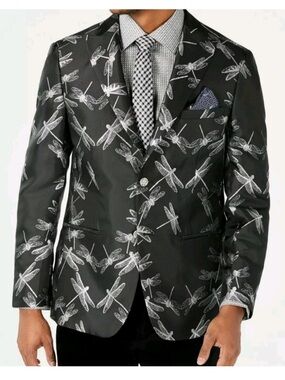 Tallia 40 SHORT Orange Men's Slim-Fit Black/Silver Dragonfly Jacquard Jacket